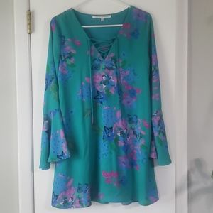 Vici Teal Floral Lace-Up Tunic Dress